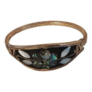 VTG Mexican Silver Hinged‎ Bangle Bracelet Inlaid Flower Mother of Pearl Childs